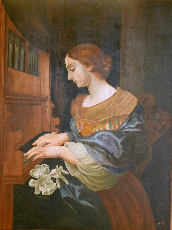 Retrato de joven o Santa Cecilia, 1919 (óleo / tela, 136 x 100 cm.), de Juan Albaijés.  Colección Museo Provincial Ignacio Agramonte, de Camagüey. 